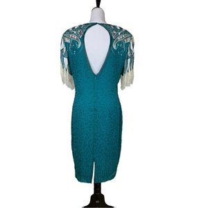 Vintage Morgan Taylor Evening Beaded open back Knee Length 100% Silk Green Sz 14